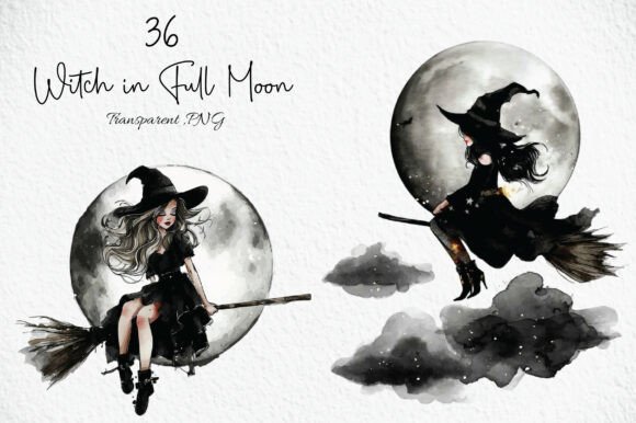 Download Watercolor Witch in Full Moon Clipart - Moon Collection