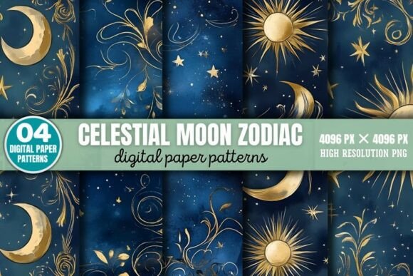 Download Celestial Moon Zodiac Digital Paper Back - Moon Collection
