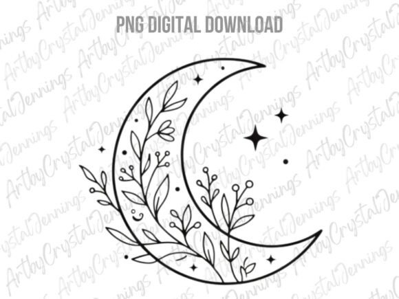 Download Floral Crescent Moon Line Art PNG - Moon Collection
