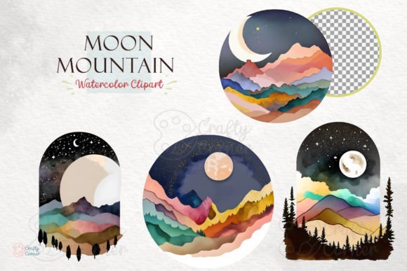 Download Full Moon Mountain Watercolor Clipart - Moon Collection